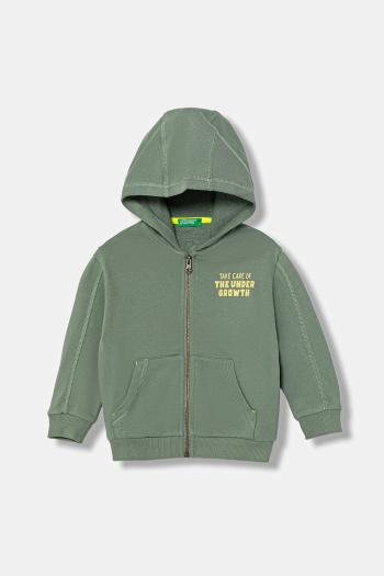 Detská bavlnená mikina United Colors of Benetton zelená farba, s kapucňou, s potlačou, 33NVG5041