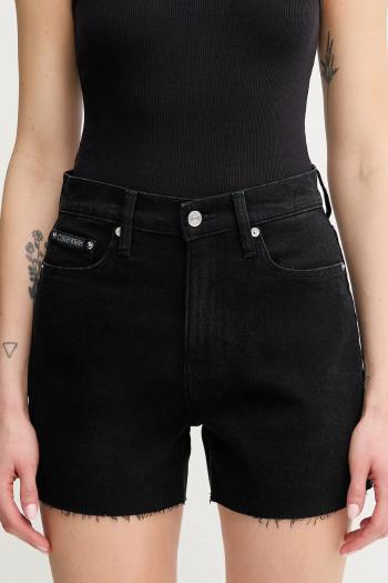Rifľové krátke nohavice Calvin Klein Jeans čierna farba, jednofarebné, vysoký pás, J20J225154