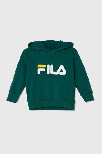 Detská mikina Fila zelená farba, s kapucňou, s potlačou