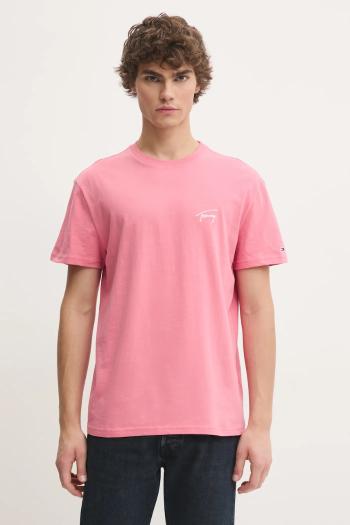 Bavlnené tričko Tommy Jeans pánske, ružová farba, s nášivkou, DM0DM21140