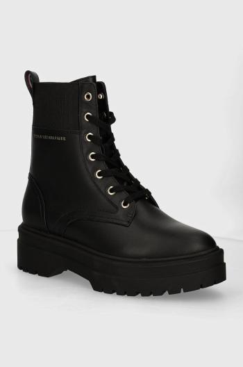Členkové topánky Tommy Hilfiger LEATHER ELASTIC RIB LACEUP dámske, čierna farba, na plochom podpätku, FW0FW08440