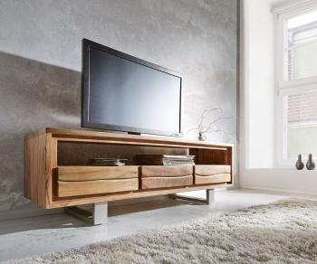 TV stolík Live Edge 146 cm akácia prírodná 3 zásuvky 1 priehradka