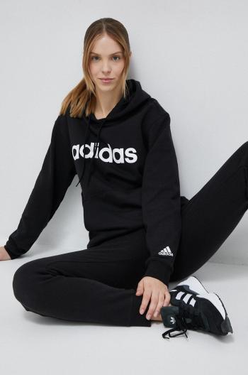 Bavlnená mikina adidas dámska, čierna farba, s kapucňou, vzorovaná