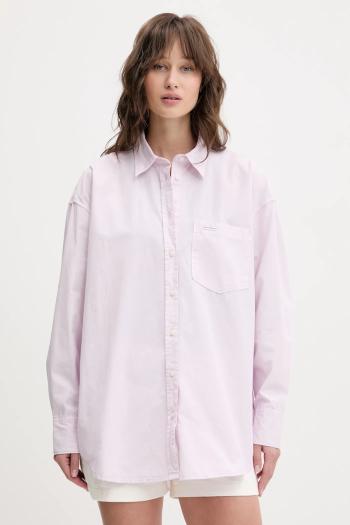 Bavlnená košeľa Guess Jeans dámska, fialová farba, voľný strih, s klasickým golierom, W4YH22 WGCF1