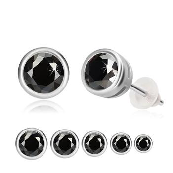 Strieborné náušnice 925 - čierny zirkón, okrúhla objímka, puzetky  - Hlavička: 6 mm