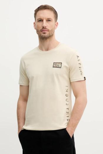 Bavlnené tričko Alpha Industries Camo Sleeve T pánske, béžová farba, s potlačou, 156522