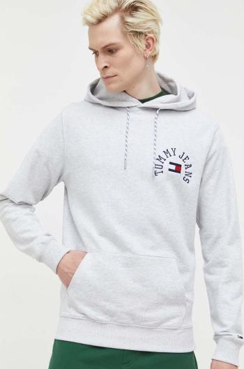 Mikina Tommy Jeans pánska, šedá farba, s kapucňou, s nášivkou