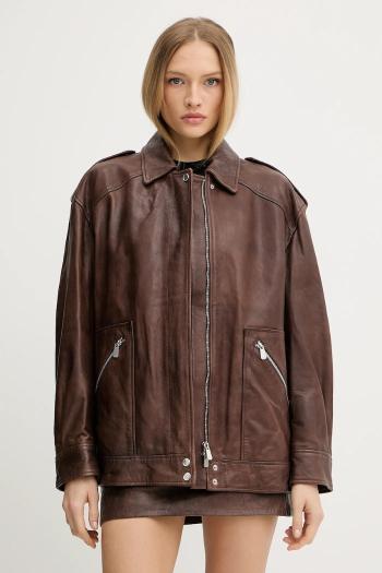 Kožená bunda Pinko hnedá farba, prechodná, oversize, 105012 A2I1