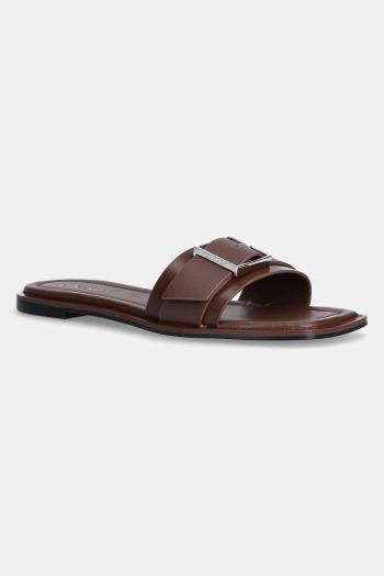 Kožené šľapky Calvin Klein FLAT SLIDE W/BUCKLE - LTH dámske, hnedá farba, HW0HW02490