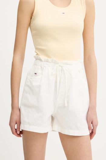 Šortky s prímesou ľanu Tommy Jeans biela farba, vzorovaná, vysoký pás, DW0DW20360