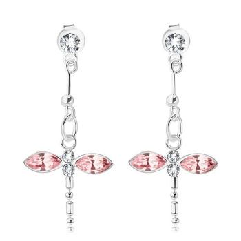 Strieborné náušnice 925, visiaca ružovo-číra vážka, krištále Swarovski