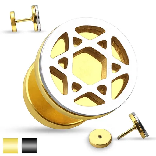 Falošný oceľový plug do ucha - vyrezávaná Dávidova hviezda striebornej farby - Farba piercing: Čierna