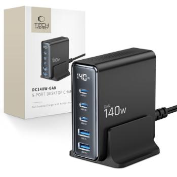 Tech-Protect DC140W 5 Port GaN nabíjačka 2x USB / 3x USB-C 140W PD QC, čierna