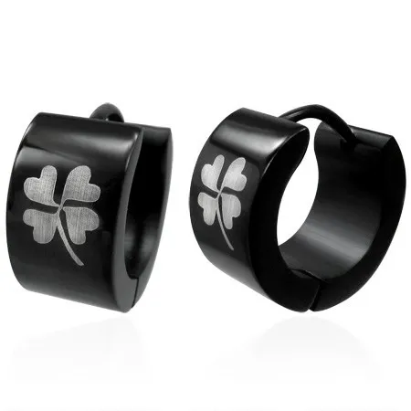Náušnice z chirurgickej ocele, čierne kruhy s bielym štvorlístkom