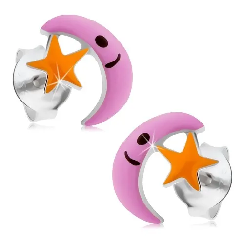 Puzetové náušnice, striebro 925, mesiačik a hviezdička, farebná glazúra