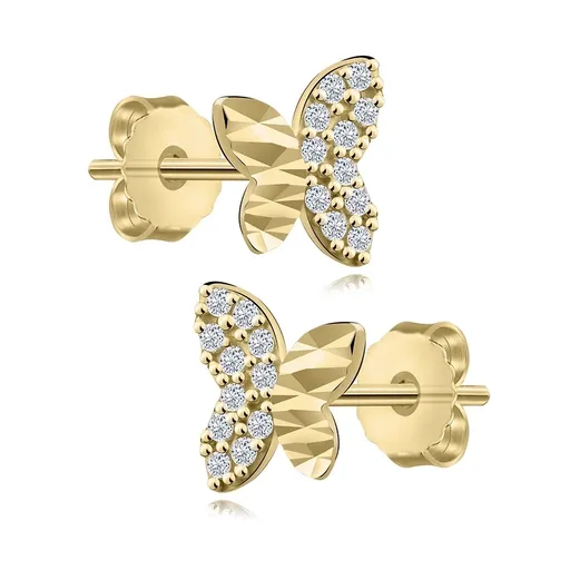 Náušnice zo žltého 14K zlata - asymetrický motýľ, zirkónové a zvlnené krídlo