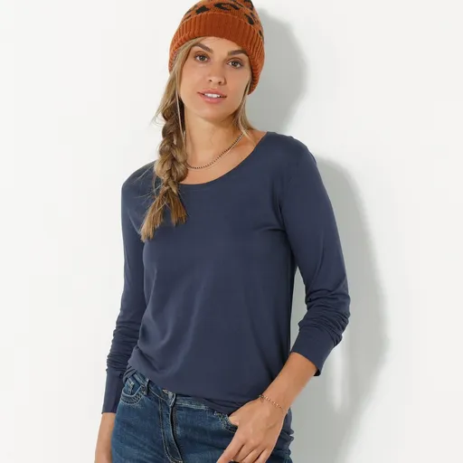 Jednofarebné tričko s okrúhlym výstrihom a dlhými rukávmi