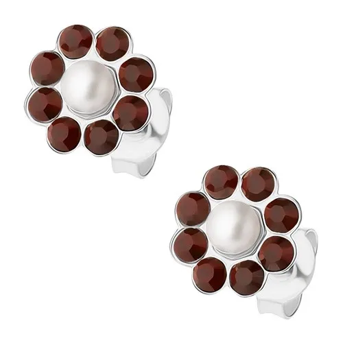 Strieborné 925 náušnice, kvietok z bielej perličky a tmavobordových krištálikov