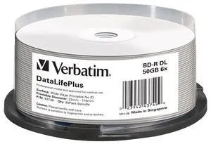 VERBATIM BD-R(25-pack)Blu-Ray/spindle/DL+/6x/50GB/ WIDE PRINTABLE NO ID SURFACE HARD COAT