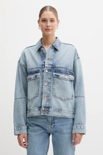 Rifľová bunda Calvin Klein Jeans modrá farba, prechodná, oversize, LV047C730G