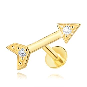 Labret do brady a pery v 14K zlate - motív šípu, hrot a pierka so zirkónmi