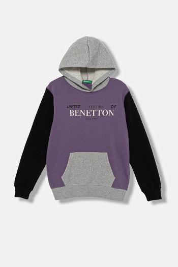 Detská bavlnená mikina United Colors of Benetton fialová farba, s kapucňou, s potlačou, 3J68C204V
