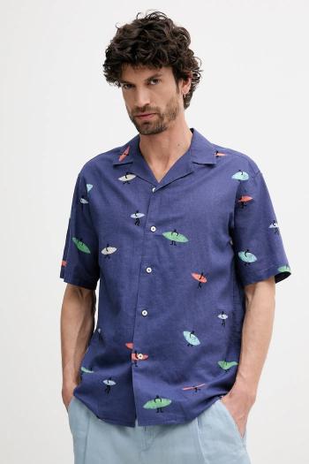 Ľanová košeľa United Colors of Benetton tmavomodrá farba, voľný strih, 5HPWUQ05B