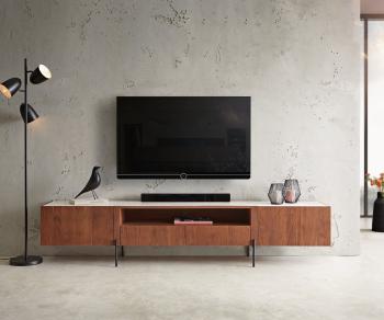TV stolík Secara 220 cm akáciová hnedá 2 dvierka 2 zásuvky mramorový
