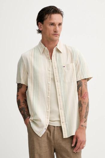Bavlnená košeľa Tommy Jeans pánska, béžová farba, regular, s klasickým golierom, DM0DM21302