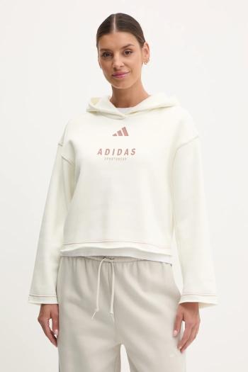 Mikina adidas ALL SZN Graphic dámska, béžová farba, s kapucňou, s potlačou, JJ4517