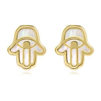 Zlaté náušnice 9K symbol Hamsa s prírodnou perleťou