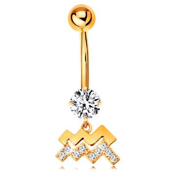 Piercing do pupku v žltom 14K zlate - číry zirkón, symbol znamenia VODNÁR