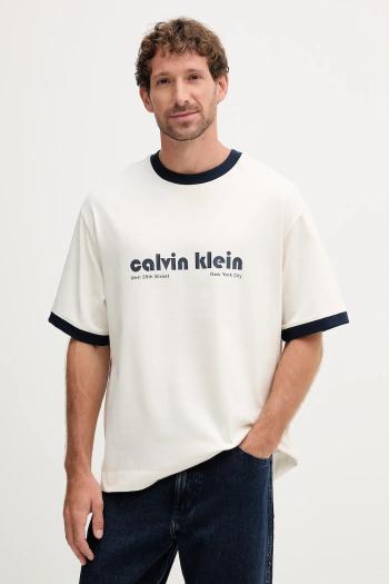 Bavlnené tričko Calvin Klein Jeans pánske, béžová farba, s potlačou, LV04RC244G
