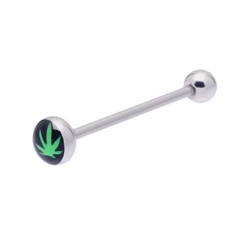 Oceľový piercing do jazyka - list marihuany na čiernom pozadí