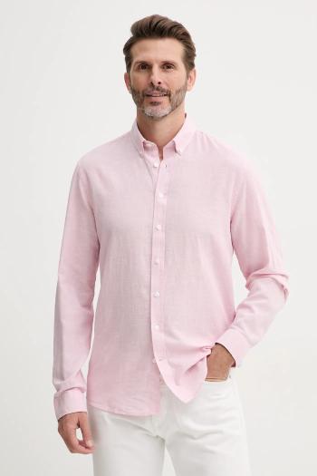 Ľanová košeľa Lindbergh ružová farba, voľný strih, s golierom button-down, 30-203344B
