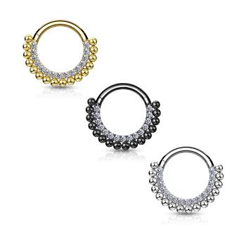 Piercing do nosa z ocele 316L - poloblúčik zdobený drobnými zirkónikmi, lesklé guličky, 10 mm - Farba: Strieborná