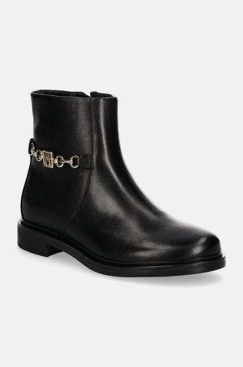 Kožené členkové topánky Tommy Hilfiger TH CHAIN LEATHER LOW BOOTIE dámske, čierna farba, na plochom podpätku, FW0FW08251