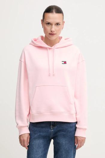 Bavlnená mikina Tommy Jeans dámska, ružová farba, s kapucňou, s nášivkou, DW0DW19414
