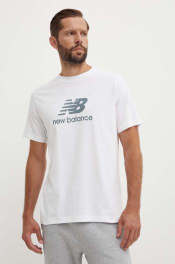 Bavlnené tričko New Balance Essentials Cotton pánske, biela farba, s potlačou, MT41502WT