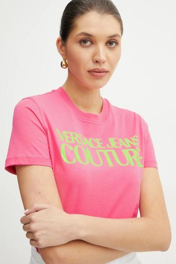 Bavlnené tričko Versace Jeans Couture dámske, ružová farba, 78HAHE05 CJ00E