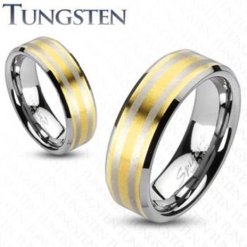 Tungstenová obrúčka  s dvoma pásikmi zlatej farby - Veľkosť: 62 mm