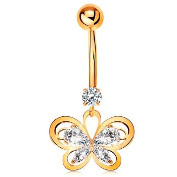 Piercing do pupka zo žltého 14K zlata - kontúra motýľa s čírymi zirkónmi