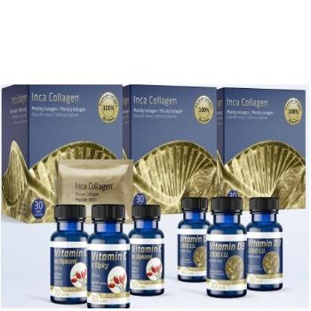 Inca Collagen Trojmesačná kolagénová kúra+vit.C&D Collagen prášok 3x30 vreciek + Vit.D3 3x30 kapsúl + Vit.C 3x30 tabliet , 1 set