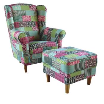 KONDELA Astrid kreslo (ušiak) s taburetkou vzor patchwork M1