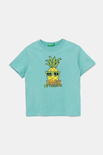 Detské bavlnené tričko United Colors of Benetton tyrkysová farba, s potlačou, 3I1XG10JM