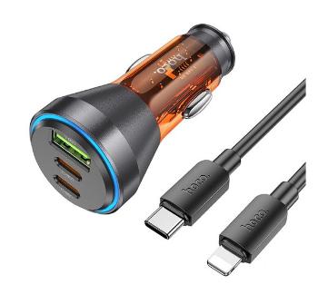 Hoco NZ12D autós szivargyújtó töltő USB QC 18W + 2xType-C 30W, + Type C-Lightning kábel, (PD60W), átlátszó-narancssárga