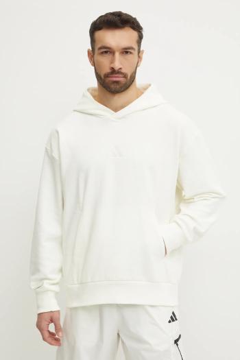 Mikina adidas ALL SZN Luxe pánska, béžová farba, s kapucňou, jednofarebná, JJ3641