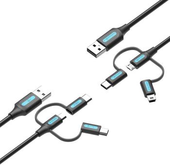 Adatkábel Vention USB 2.0 to 2-in-1 Micro USB & USB-C & Mini USB Cable 1M Black PVC Type