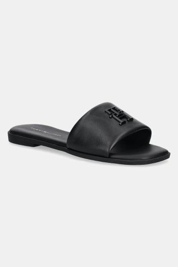 Kožené šľapky Tommy Hilfiger TH LOGO HARDWARE LEATHER MULE dámske, čierna farba, FW0FW08806