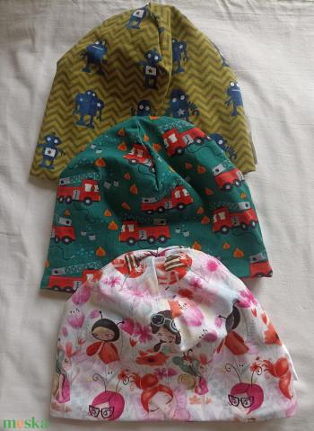 86-92-98-104-110  Tavaszi kifordítható pamutsapka 50 cm tűzoltós, robotos, katicás ökotexes anyag